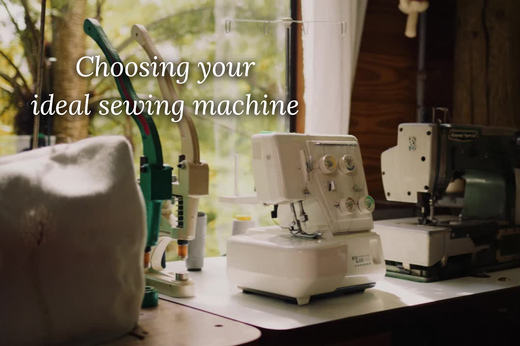 Three sewing machines and other tools on a sun-lit work bench. A title reads Choosing your ideal sewing machine.