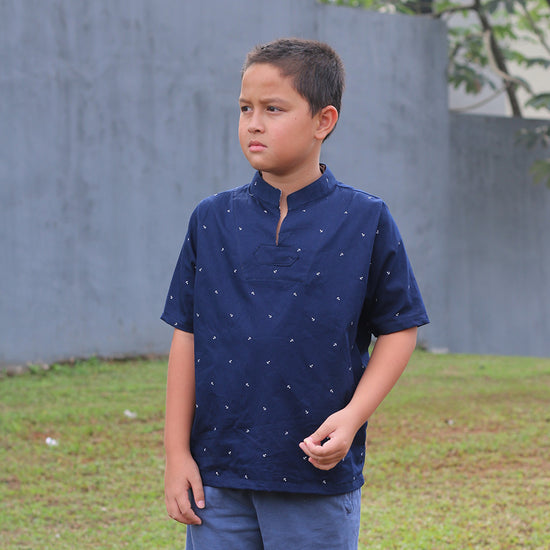 Short-Sleeved Shirt with Mandarin Collar in Cotton/Linen for Boys - light  blue, Boys