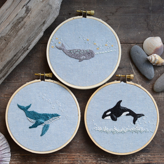 Orca, Narwhal, and Humpback Whale PDF embroidery patterns from Twig + Tale